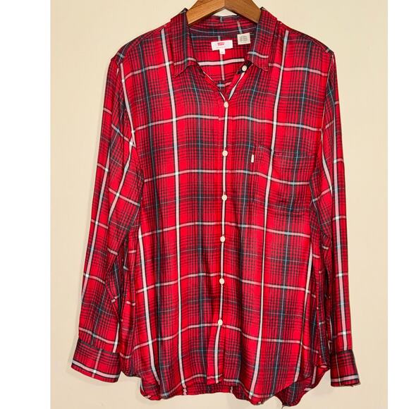 Levis Button Up Blouse Women's XL Plaid Tunic Soft Red White Blue - Picture 1 of 6